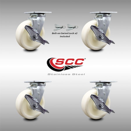 Service Caster 6 Inch Stainless Steel Nylon Caster Set with Ball Bearings 4 Brake 2 Swivel Lock SCC-SS30S620-NYB-TLB-BSL-2-TLB-2
